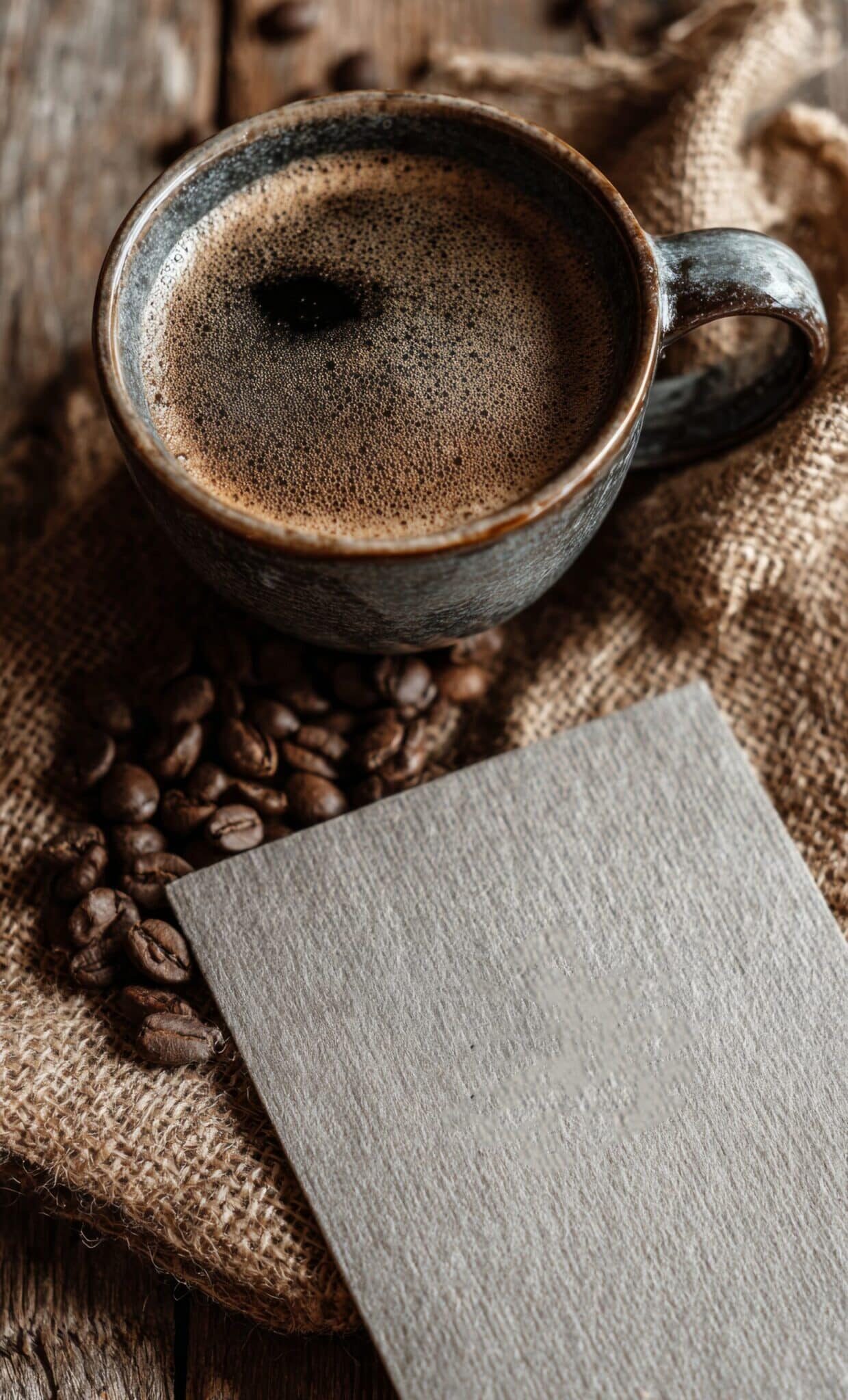 Steaming cup of black coffee with coffee beans and blank card on